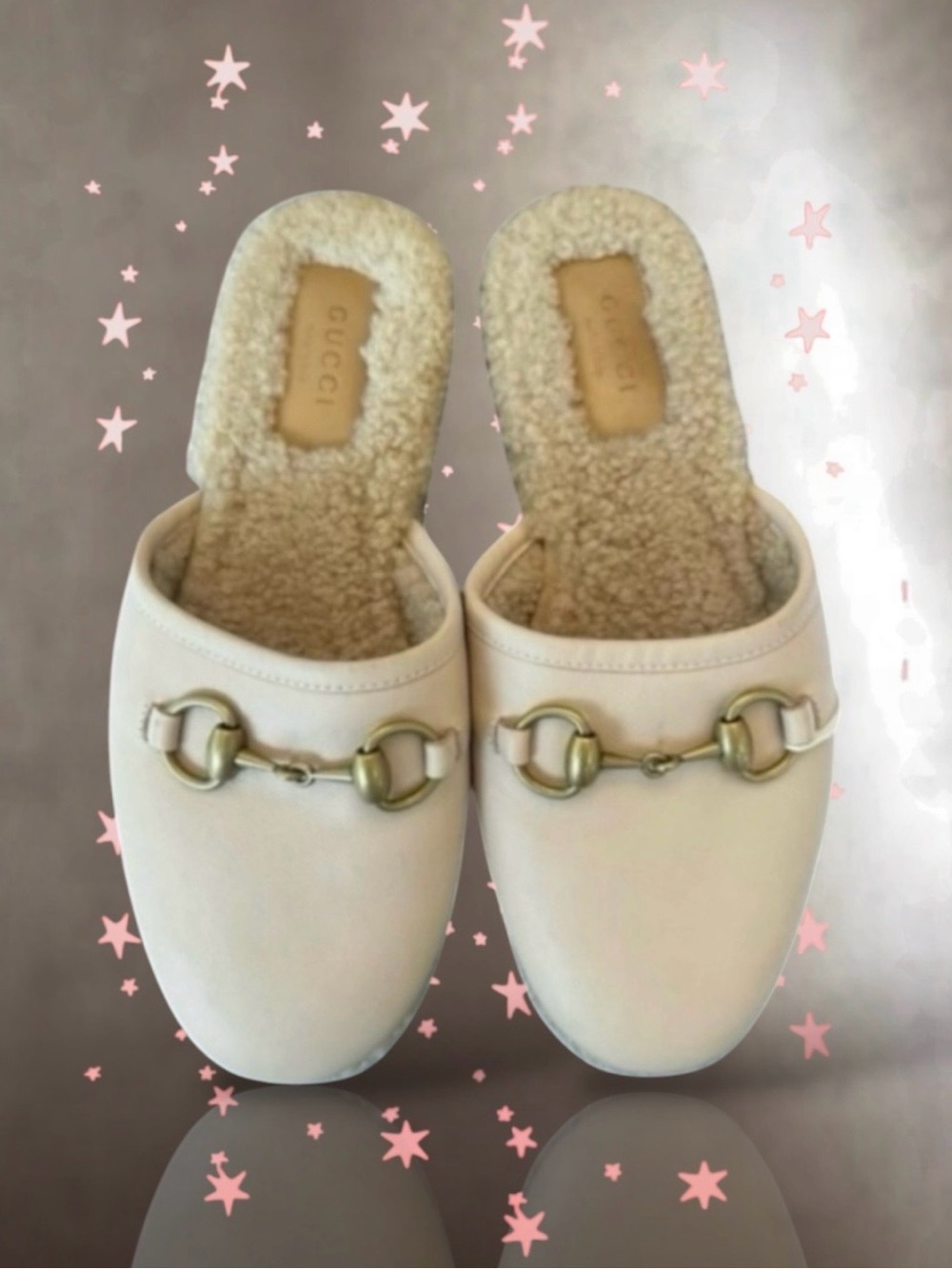 🆕💗GUCCI Horsebit Shearling Lined Slide On Mules Loafers BEIGE GOLD HW • 36.5 EU